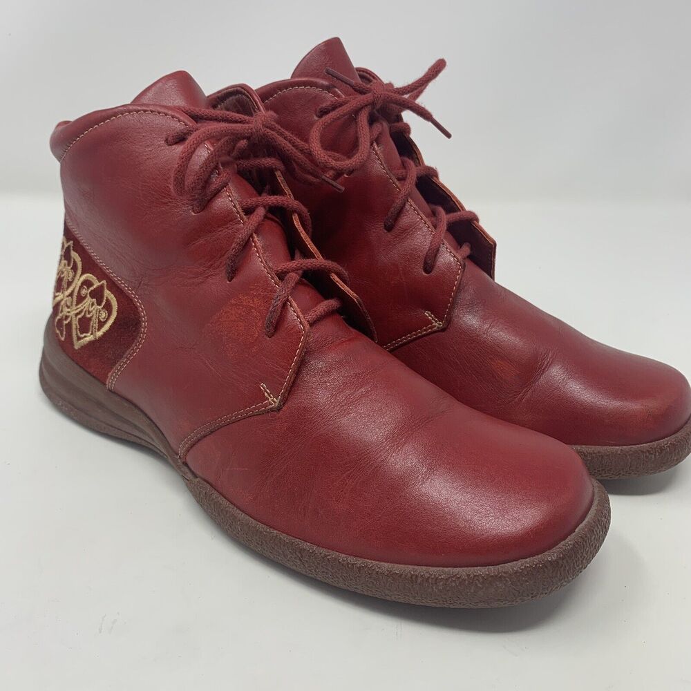 THINK! Womens Leather Embroidered Ankle Boots 37 US‎ 6 Lace Up Red Comfortable